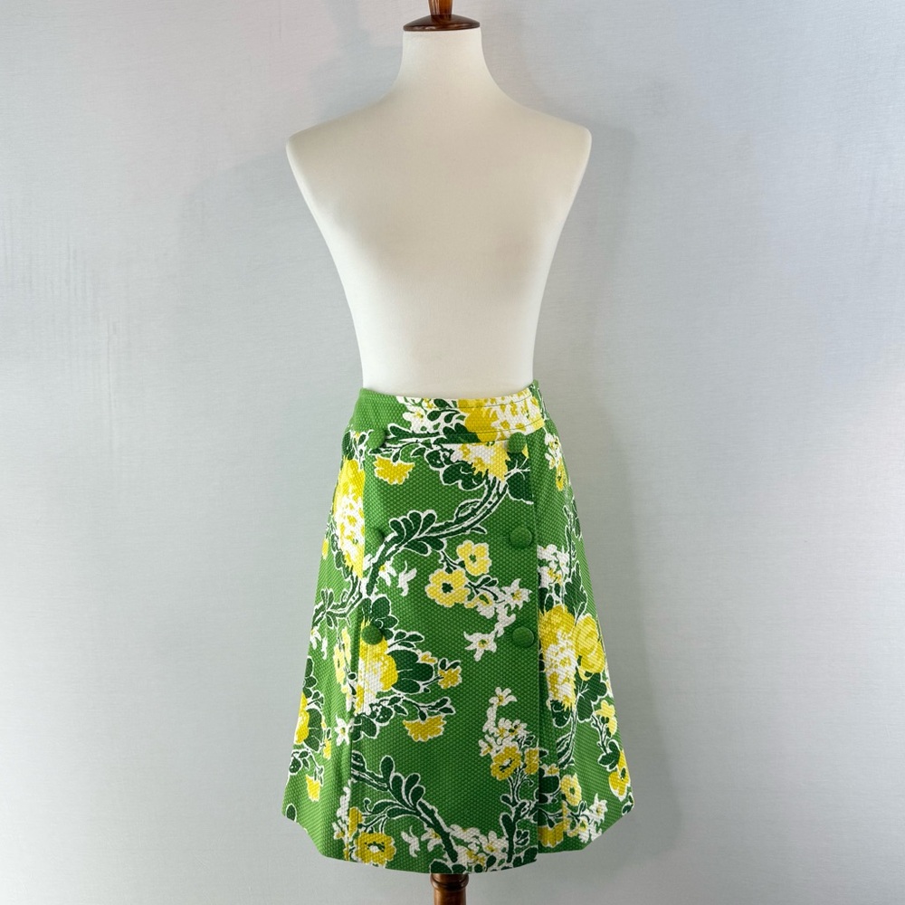 Talbots Green and Yellow Textured Floral Cotton Midi Skirt NWOT